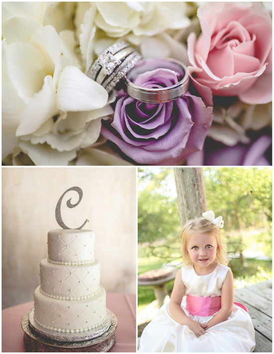 Wedding rings cake and flower girl smiling happily