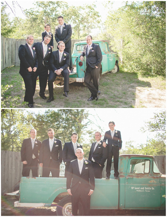 Groomsmen posing with a vintage truck in wedding photo