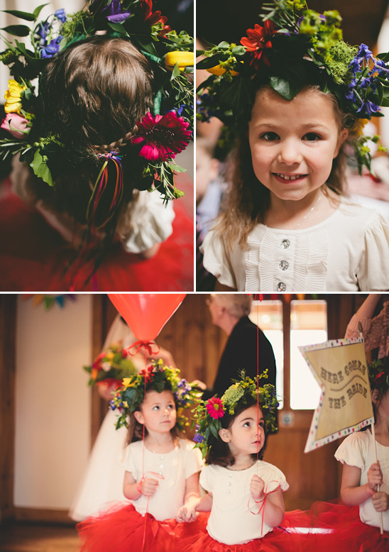 Flower girl's wearing flower crowns at a wedding, cute and colorful