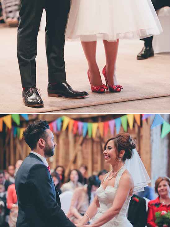 Bride and groom exchanging vows at wedding ceremony with red shoes