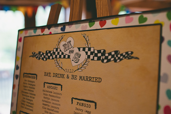 Wedding sign with hearts, checkered ribbon, and guest names listed