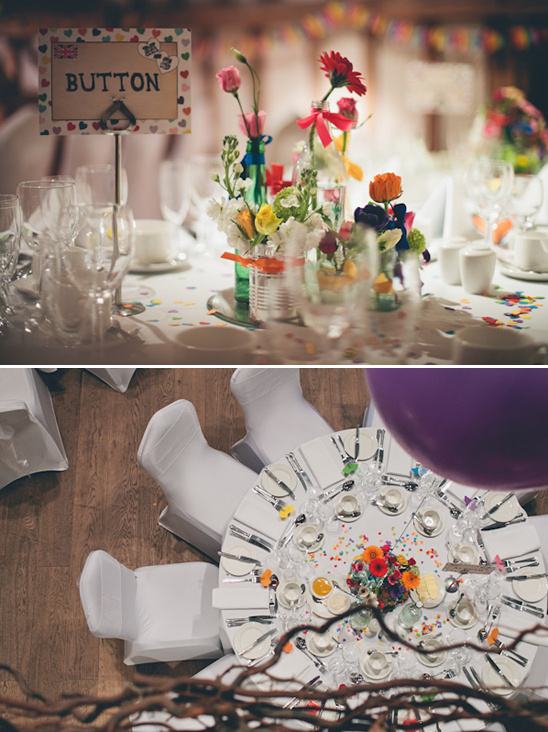 Festive wedding table with colorful floral centerpieces and decor