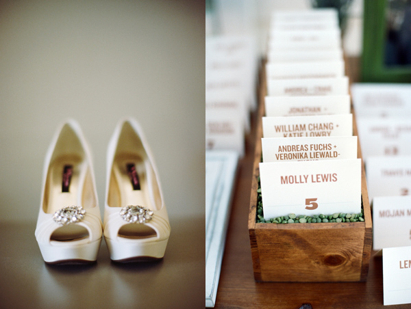 Elegant bridal heels and wedding guest name cards on display