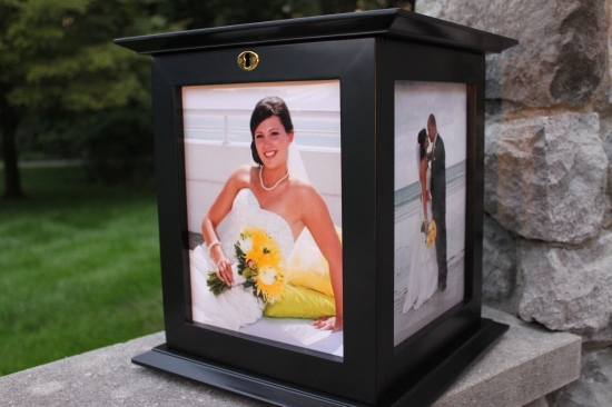 Wedding photo display showcasing a bride and groom