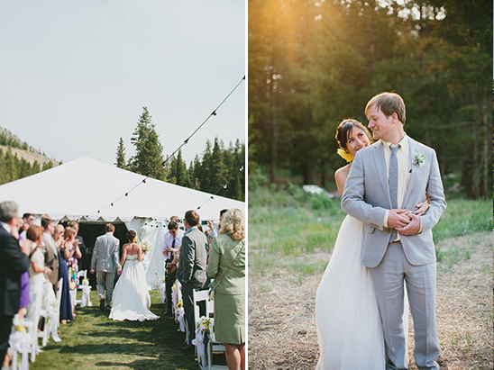 Outdoor wedding with bride and groom at reception and ceremony