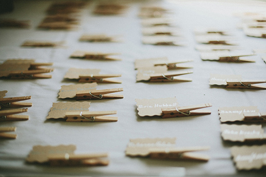 Clothespin place cards for a wedding reception table