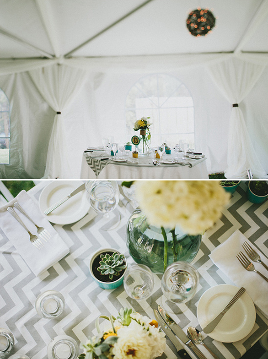 Elegant wedding table setting with chevron pattern tablecloth