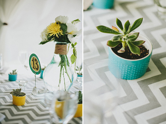 Wedding table setting with flowers and succulents, chevron pattern