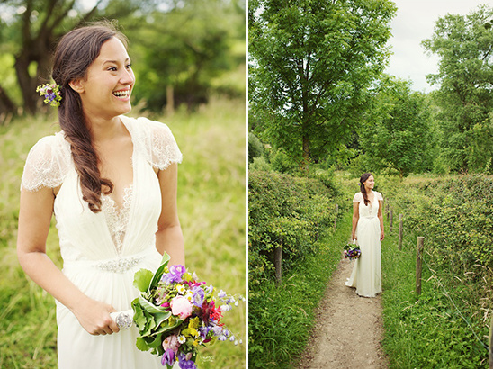 Smiling bride in a white dress with flowers, outdoor wedding