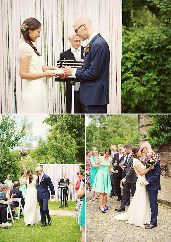 Wedding ceremony with couple, exchanging rings, and kisses