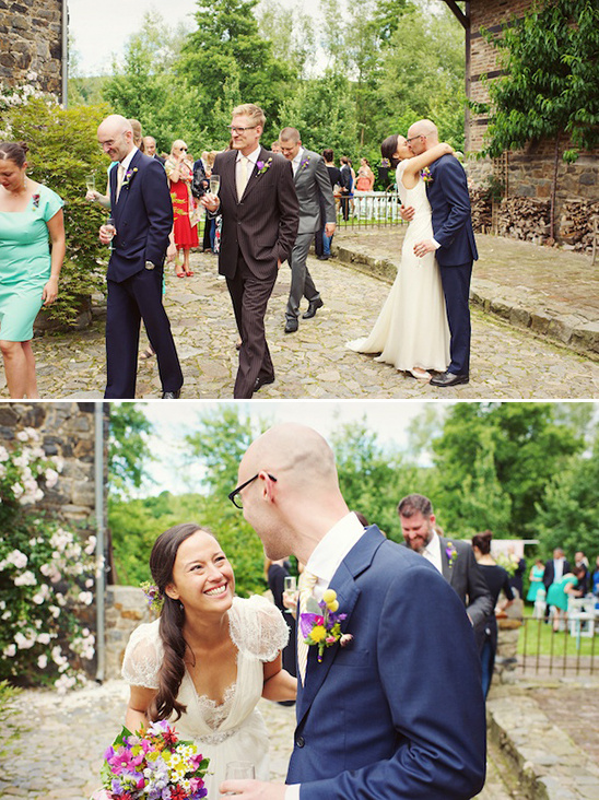 Happy wedding day with joyful bride and groom and guests