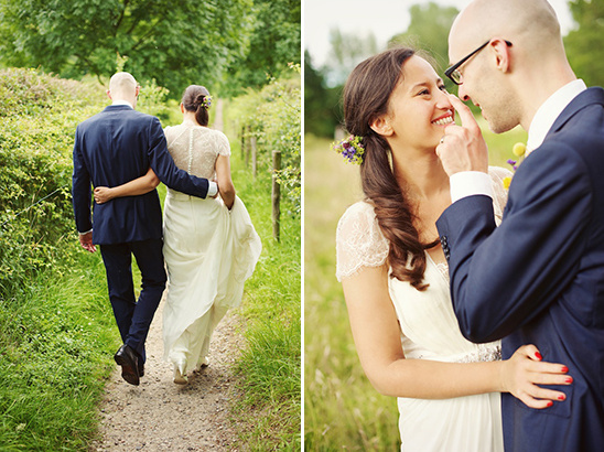 Happy bride and groom walking and celebrating their wedding day together