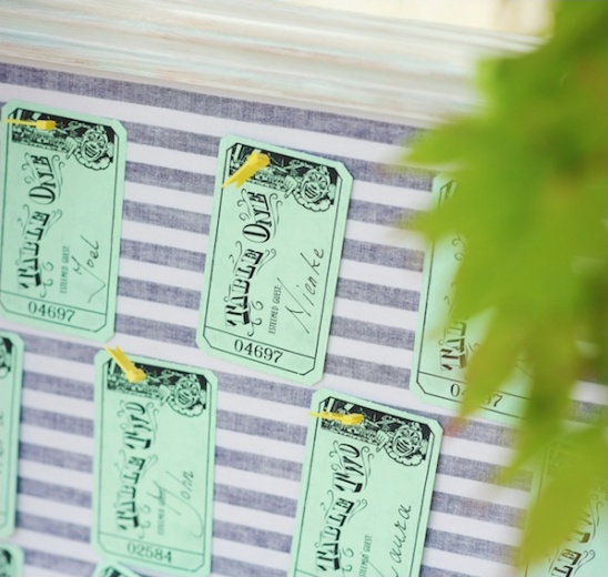 Vintage style seating chart for wedding guests with name tags