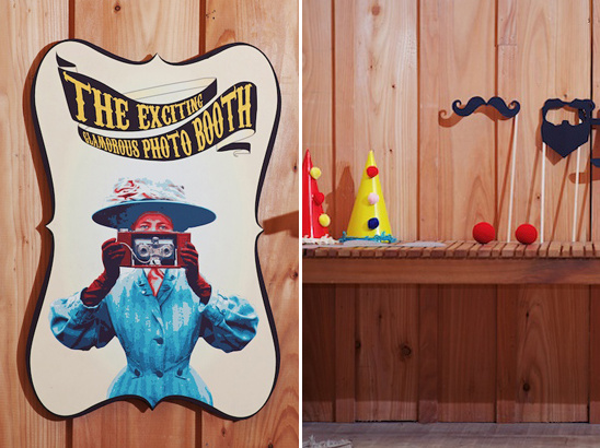 Exciting photo booth with props and vintage photographer sign on wood