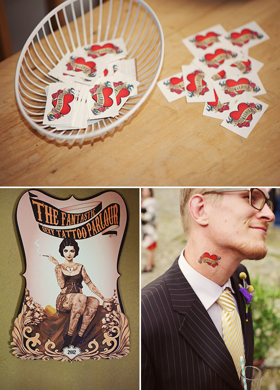 Wedding with tattoo theme: temporary tattoos and parlor sign