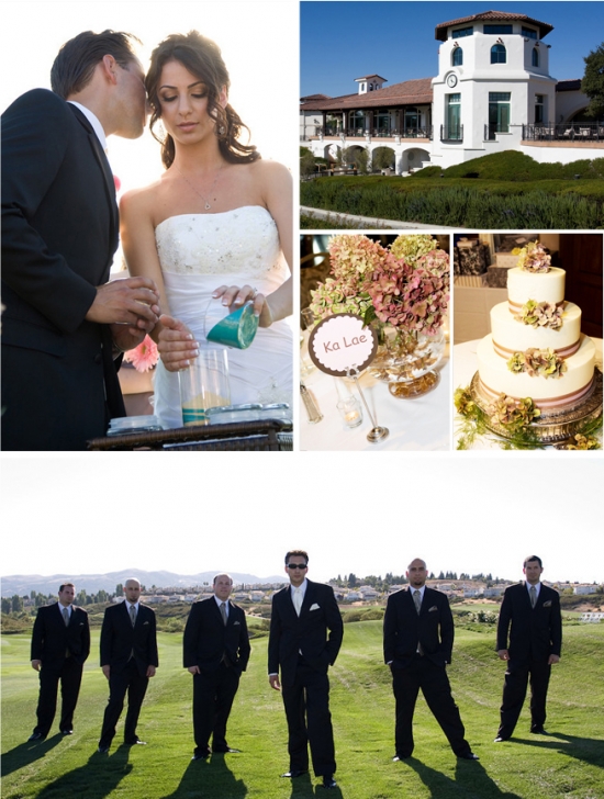 Wedding collage with the couple, cake, and wedding party
