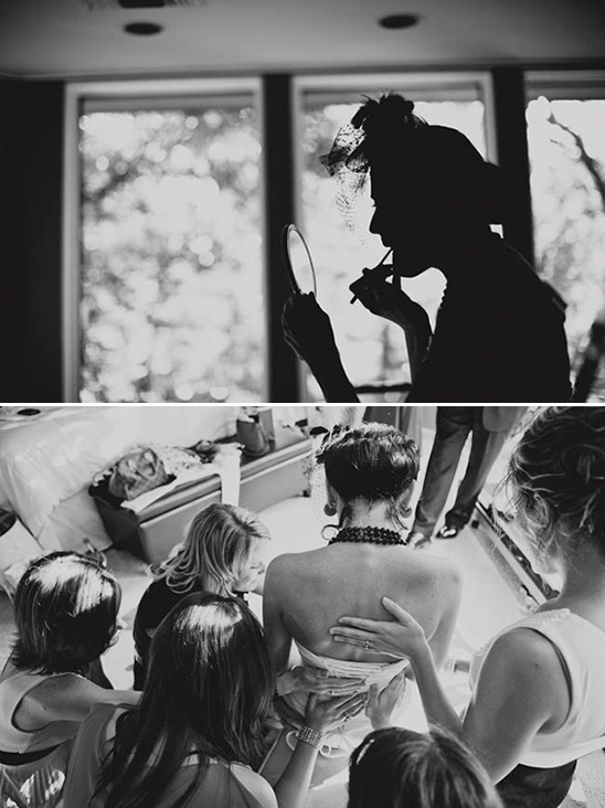 Bride getting ready with bridesmaids on wedding day, black and white