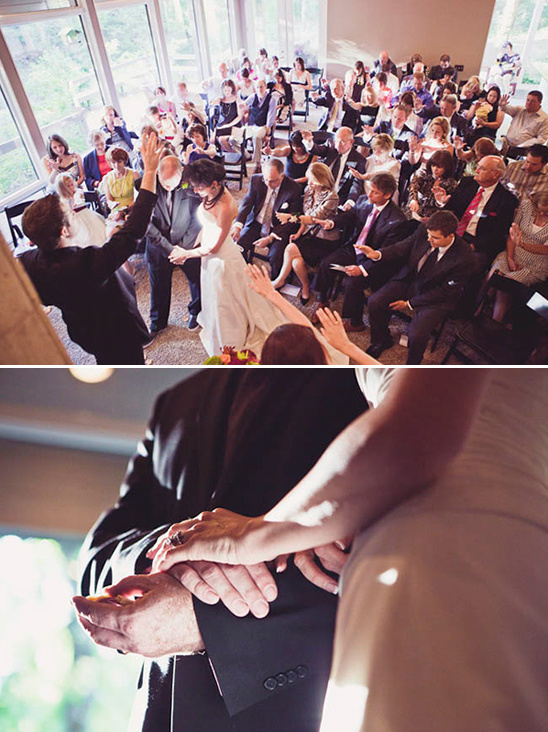 Wedding ceremony with bride and groom and a lot of guests