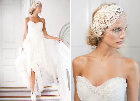 Elegant bride descending stairs in a flowing white wedding dress