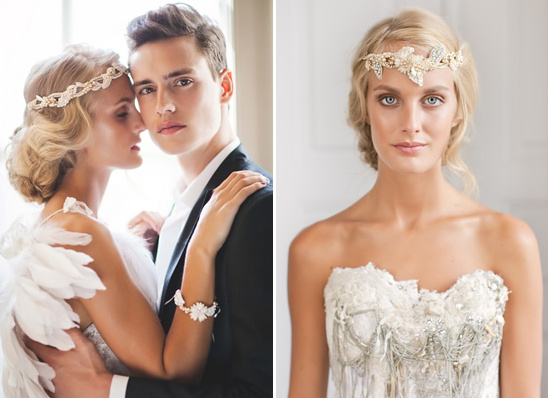Elegant bride and groom posing on wedding day with gorgeous headpiece