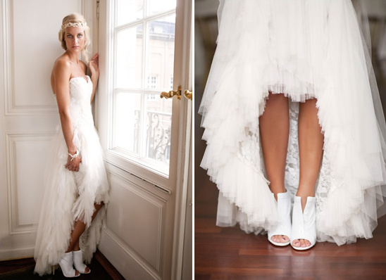 Elegant bride in a short front and long back wedding dress
