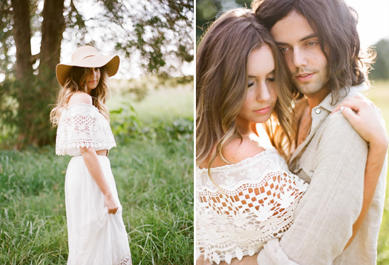 Romantic couple embracing in a meadow, boho wedding attire