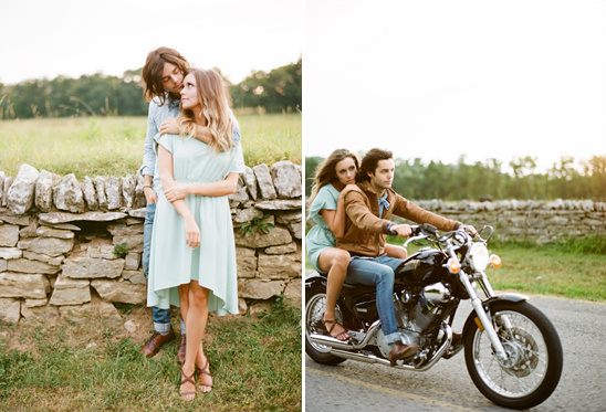 Romantic couple posing and riding motorcycle in a rural setting
