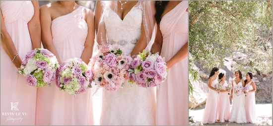 Bridesmaids and bride with bouquets at a wedding celebration