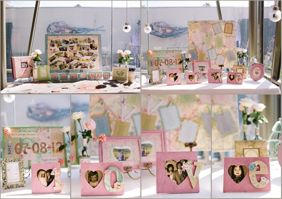 Wedding reception decor with photos in pink frames and flowers