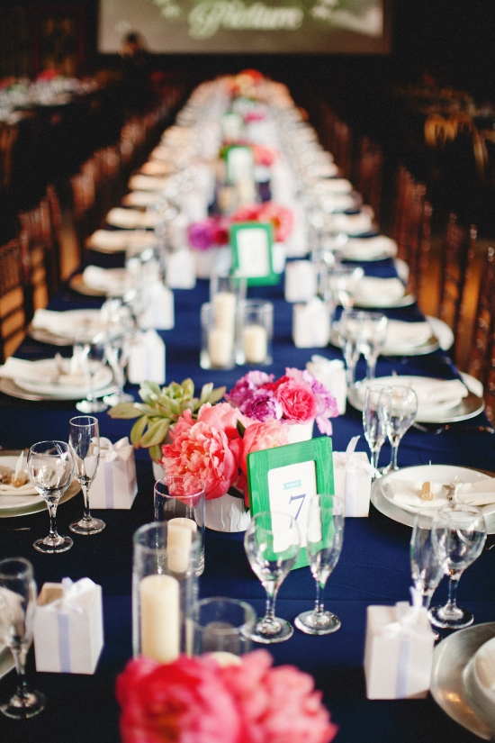Elegant wedding reception table setting with floral centerpieces
