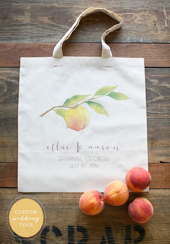 Custom wedding tote bag featuring peach design and names