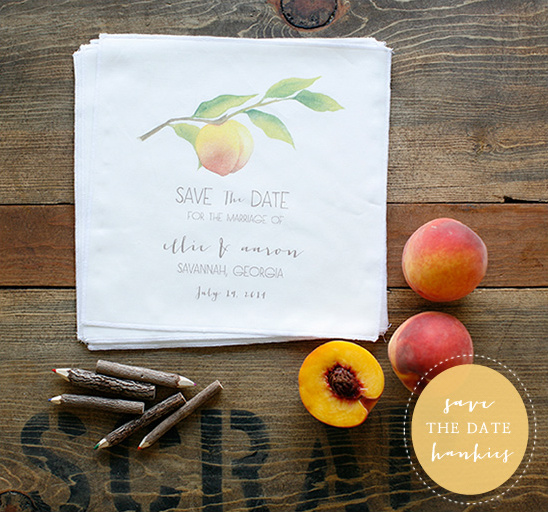 Peach themed Save the Date wedding hankies with watercolor design