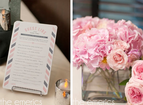 Wedding guest book and pink flowers create a charming ambiance
