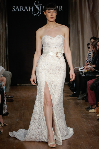 Elegant strapless lace wedding dress with high leg slit, runway look