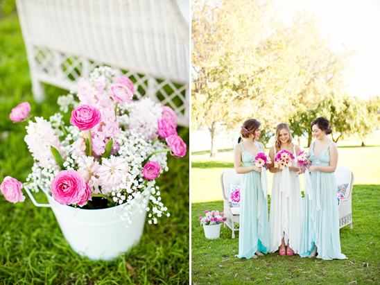 Wedding scene with bridesmaids, flowers, and a touch of elegance