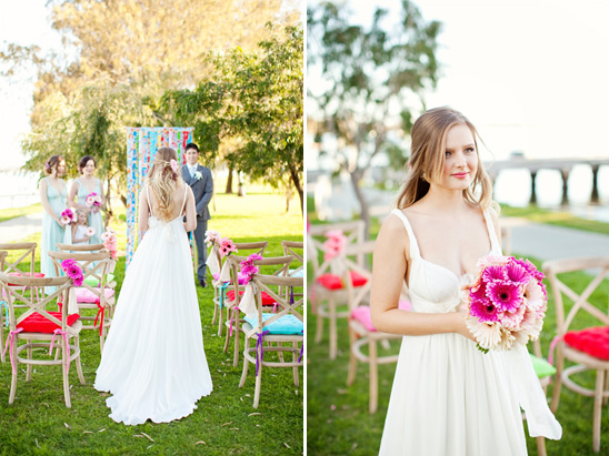Outdoor wedding with a bride in a white dress holding flowers
