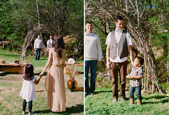 Rustic outdoor wedding ceremony with family and nature