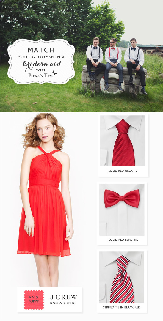 Bridesmaid in red dress and groomsmen with ties from Bows N Ties