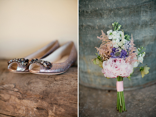 Sparkly wedding flats and peony bridal bouquet close up