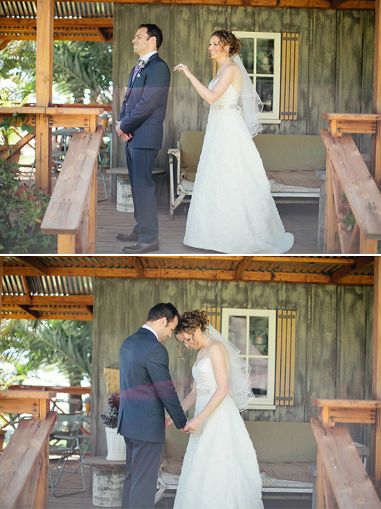 Bride and groom share a first look on their wedding day