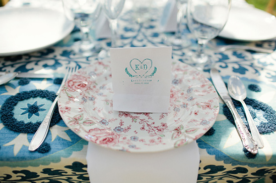 Elegant wedding table setting with floral china plates