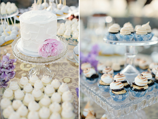 Wedding dessert table with cake and cupcakes