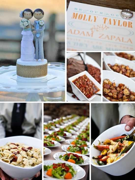Wedding decor and food spread with cake topper and invitation