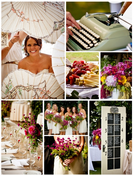 Wedding day collage with bride, flowers, table setting, and more