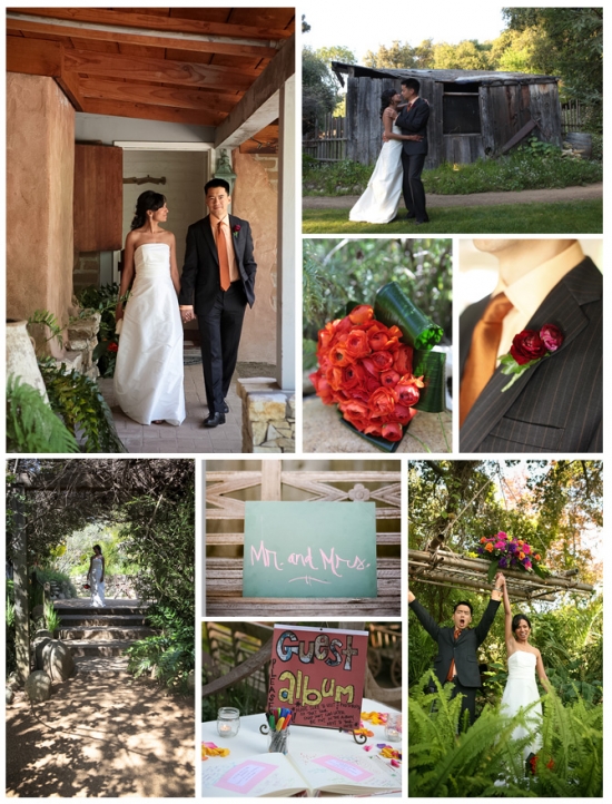 Wedding day collage featuring bride, groom, and details