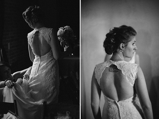 Bride in wedding dress with low back, black and white photo