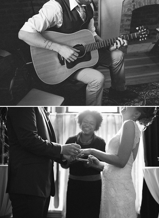 A musician playing guitar and a wedding ceremony in black and white