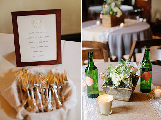 Wedding decor with menu, forks, and table centerpiece details