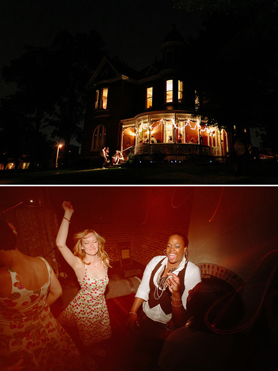 Night house with party lights and dancing friends enjoying the night