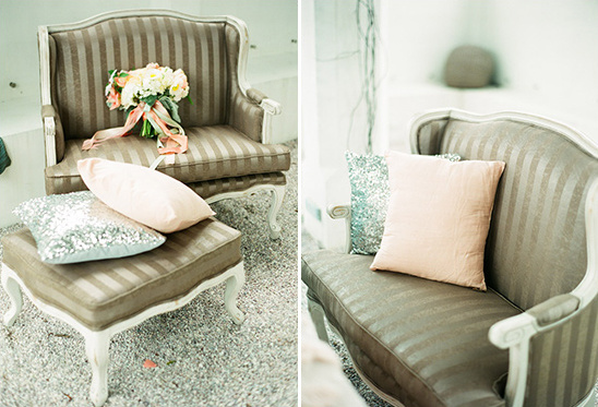 Vintage chairs with pillows and flowers, elegant interior design